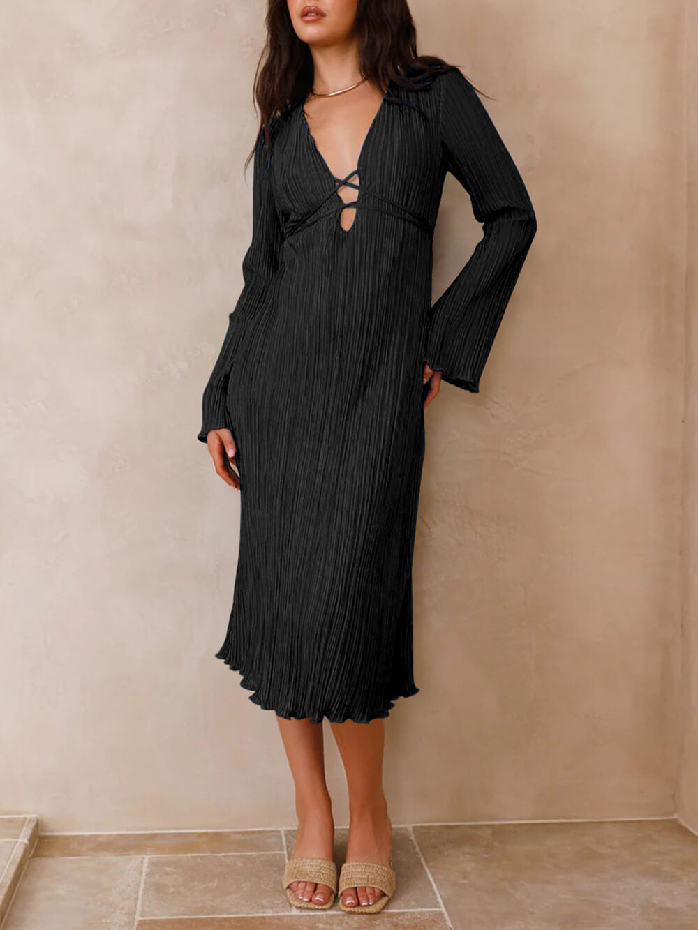 Mountain Vistas Draped Pleated Bell-Sleeve Midi Dress-Massicos