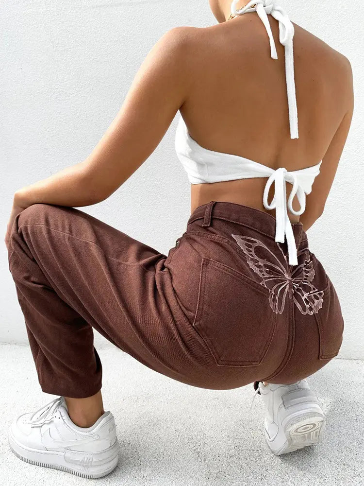High-Waisted Printed Denim Pants-Massicos