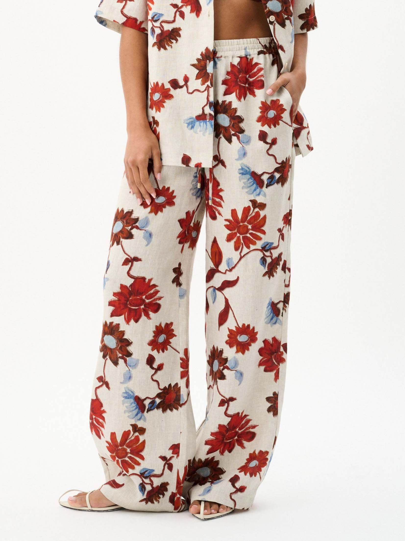 Exquisite Floral Print Lace-Up Wide-Leg Pants-Massicos