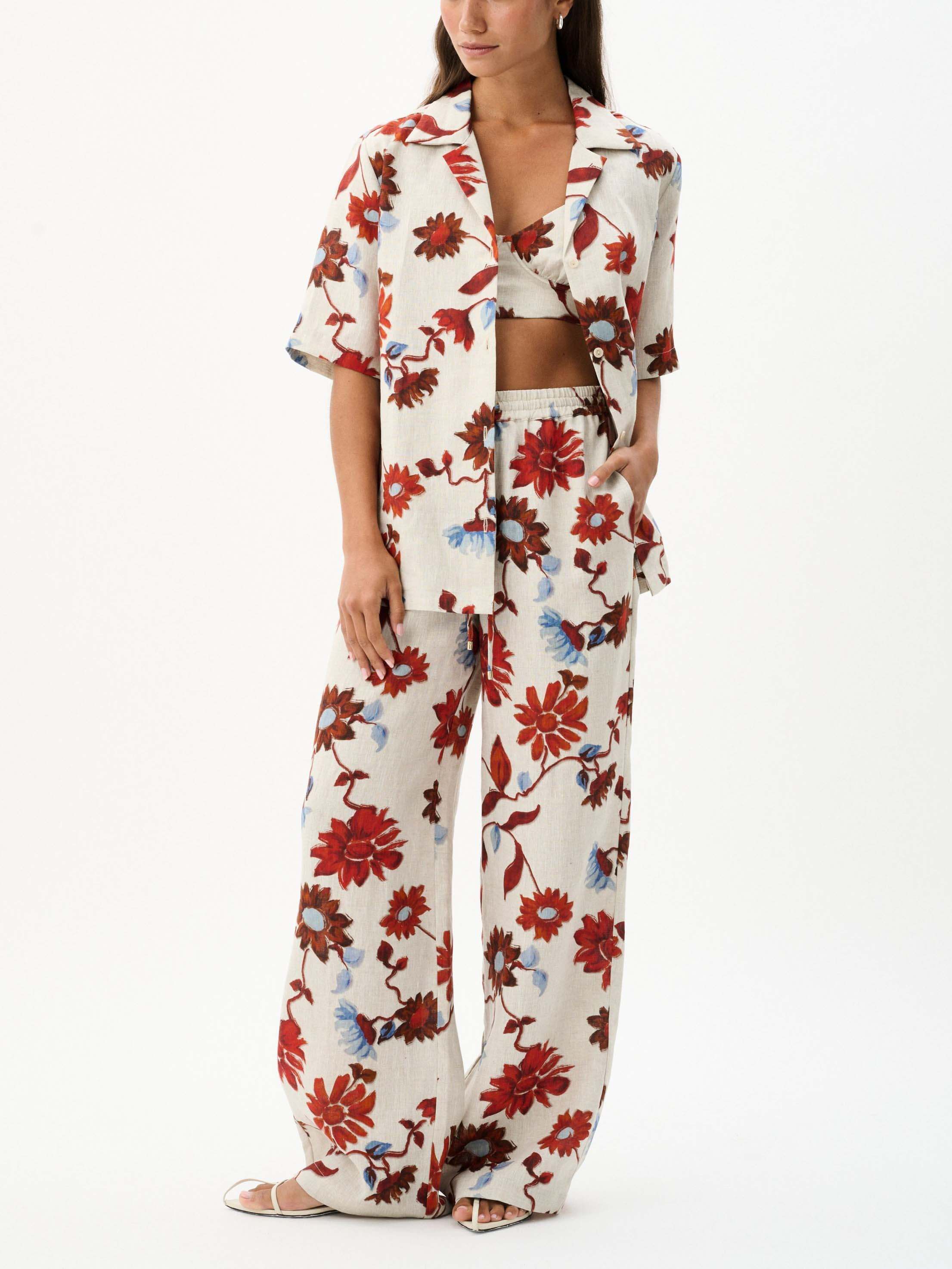 Exquisite Floral Print Lace-Up Wide-Leg Pants-Massicos