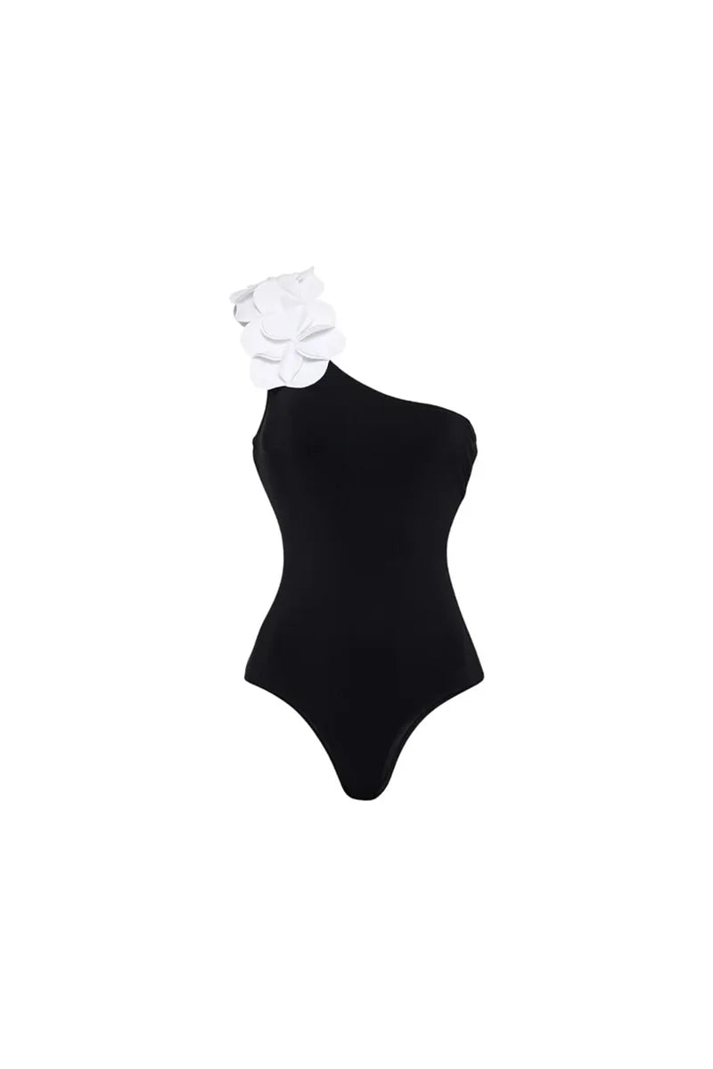 3D Floral One-Shoulder Black Swimsuit-ROVOLE