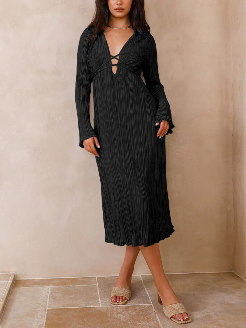 Mountain Vistas Draped Pleated Bell-Sleeve Midi Dress-Massicos