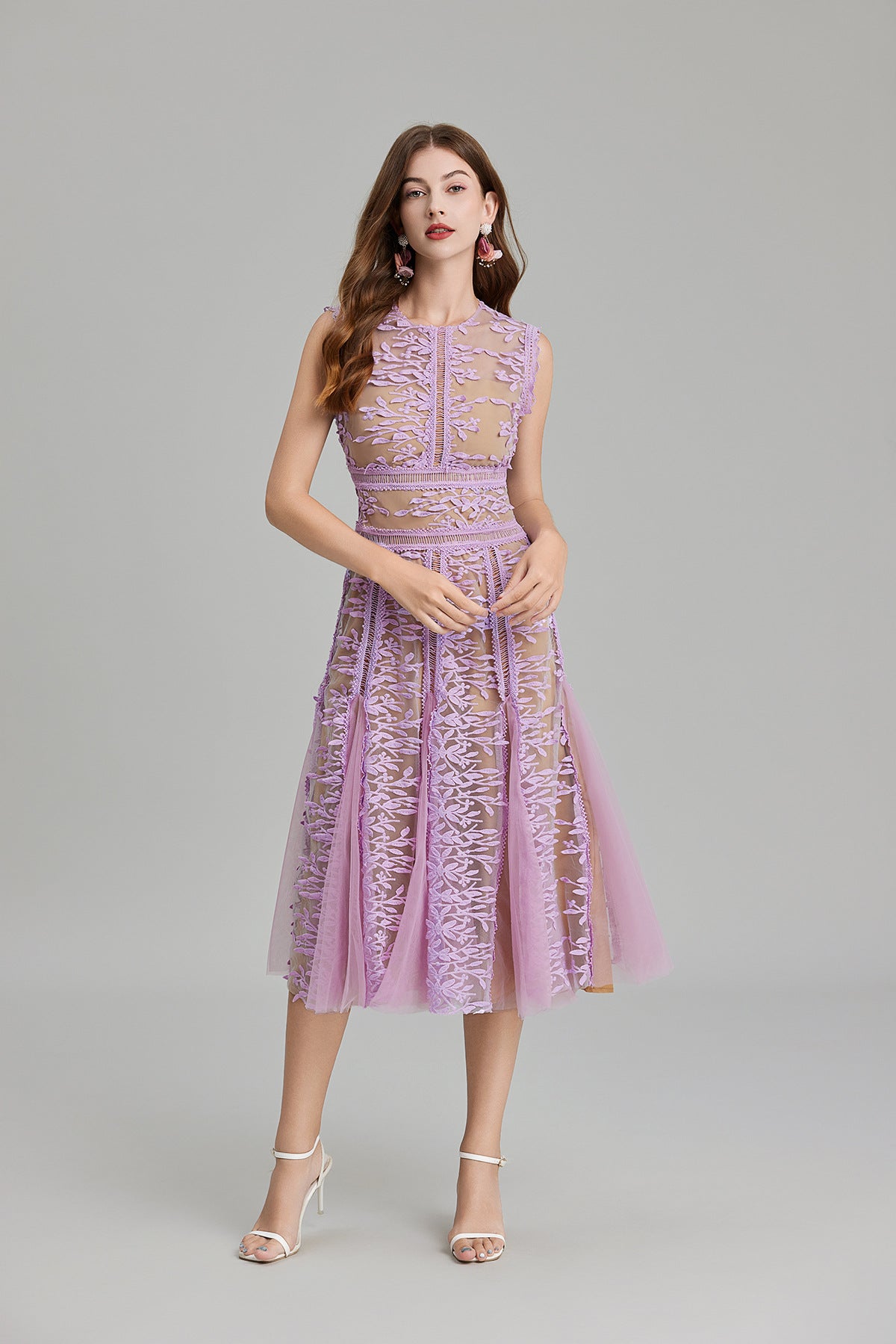 Maëlle Round Neck Mesh Embroidered Midi Dress In Beige-ROVOLE