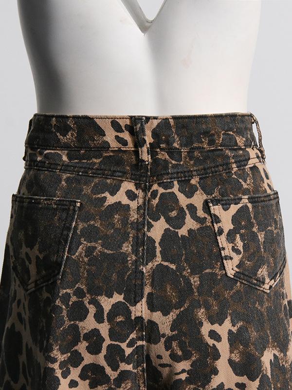 Vintage Leopard Print High Waist Straight Leg Ripped Jeans-Massicos