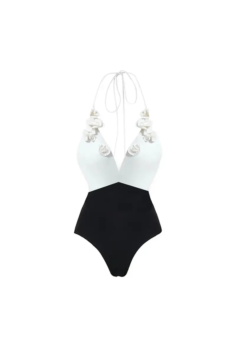 Halter Solid Color Floral Embellished Swimsuit-ROVOLE