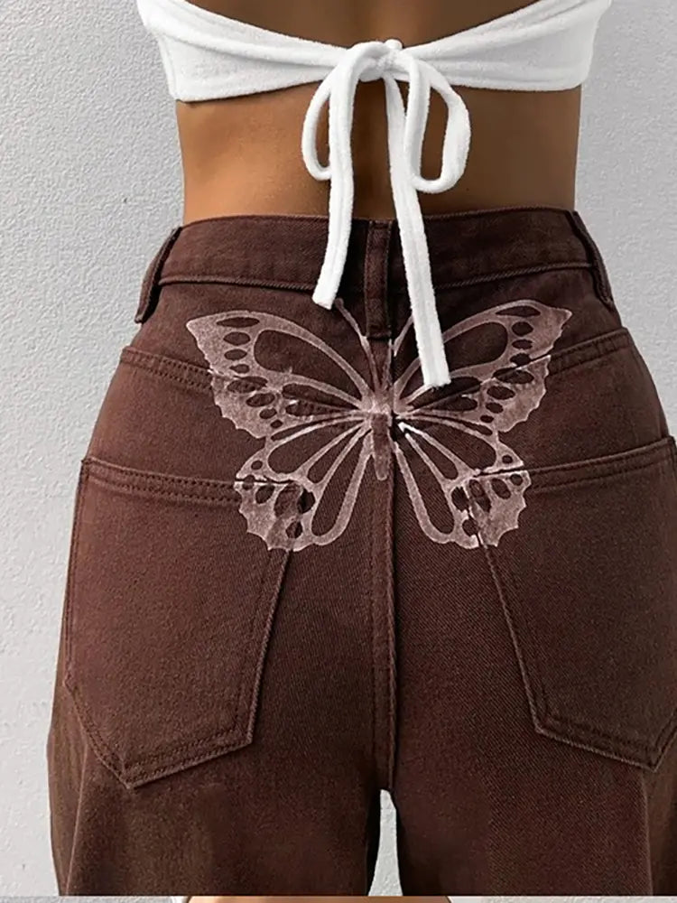 High-Waisted Printed Denim Pants-Massicos
