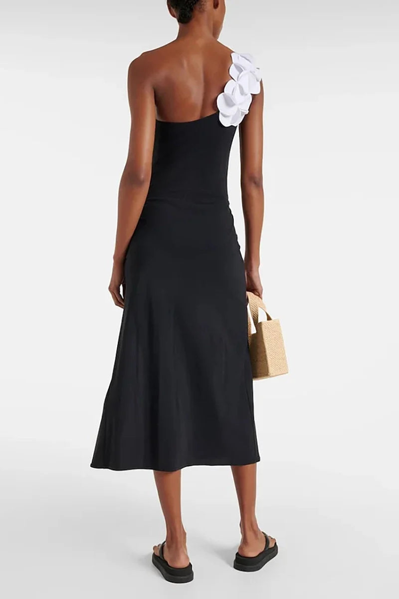 3D Floral One-Shoulder Black Swimsuit-ROVOLE
