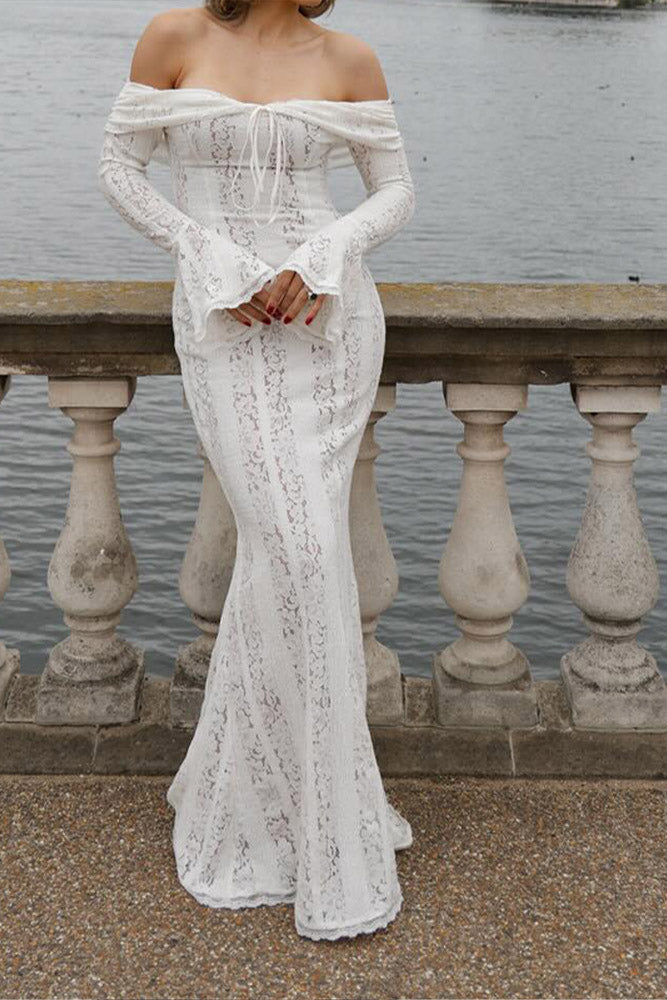 Lace Flared Sleeve off-Shoulder Dress-ROVOLE
