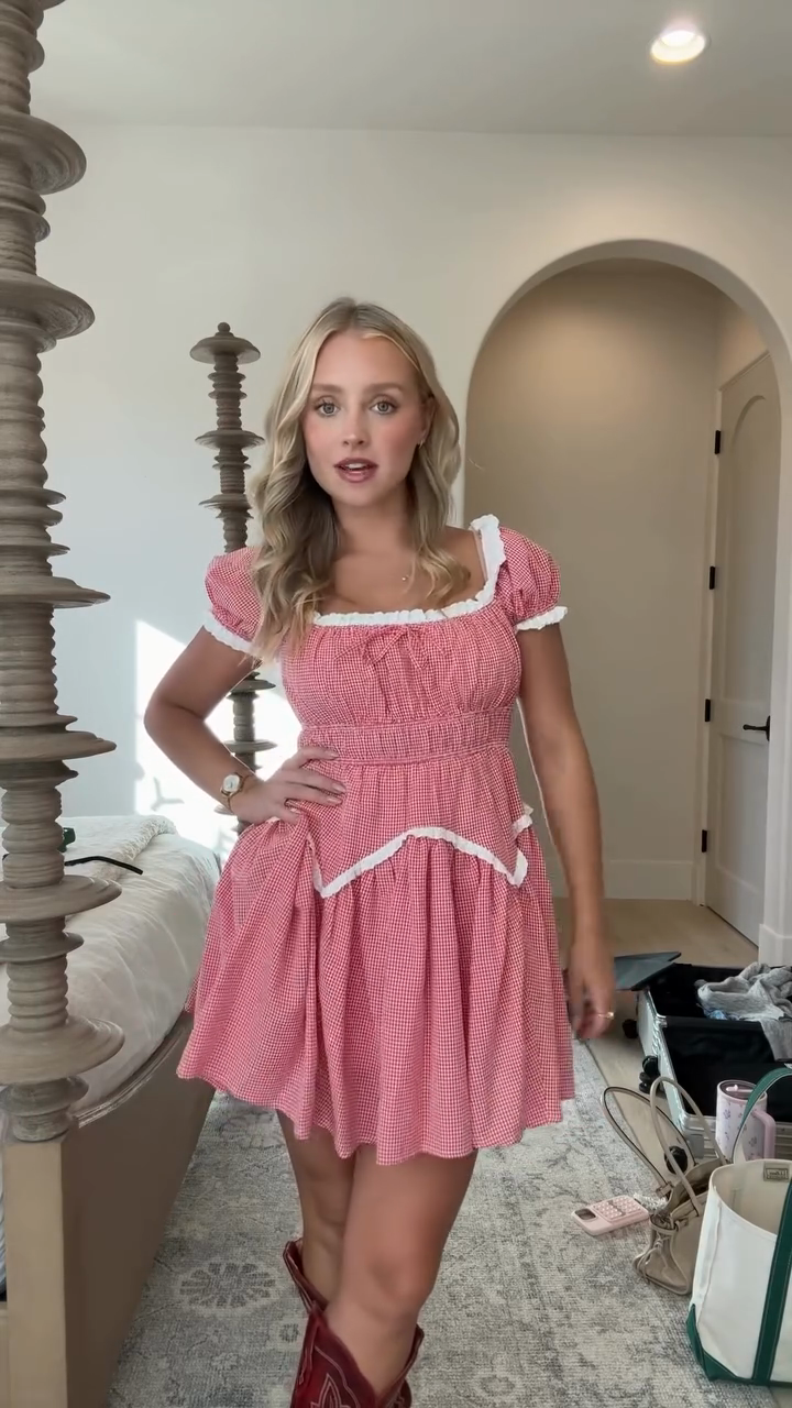 Pink Gingham Square - Neck Mini Dress-Massicos