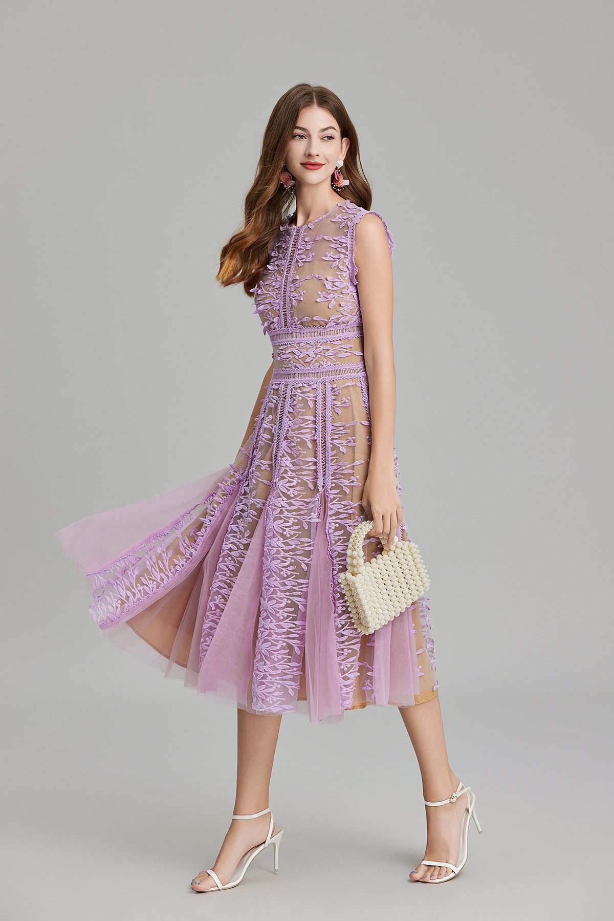 Maëlle Round Neck Mesh Embroidered Midi Dress In Beige-ROVOLE