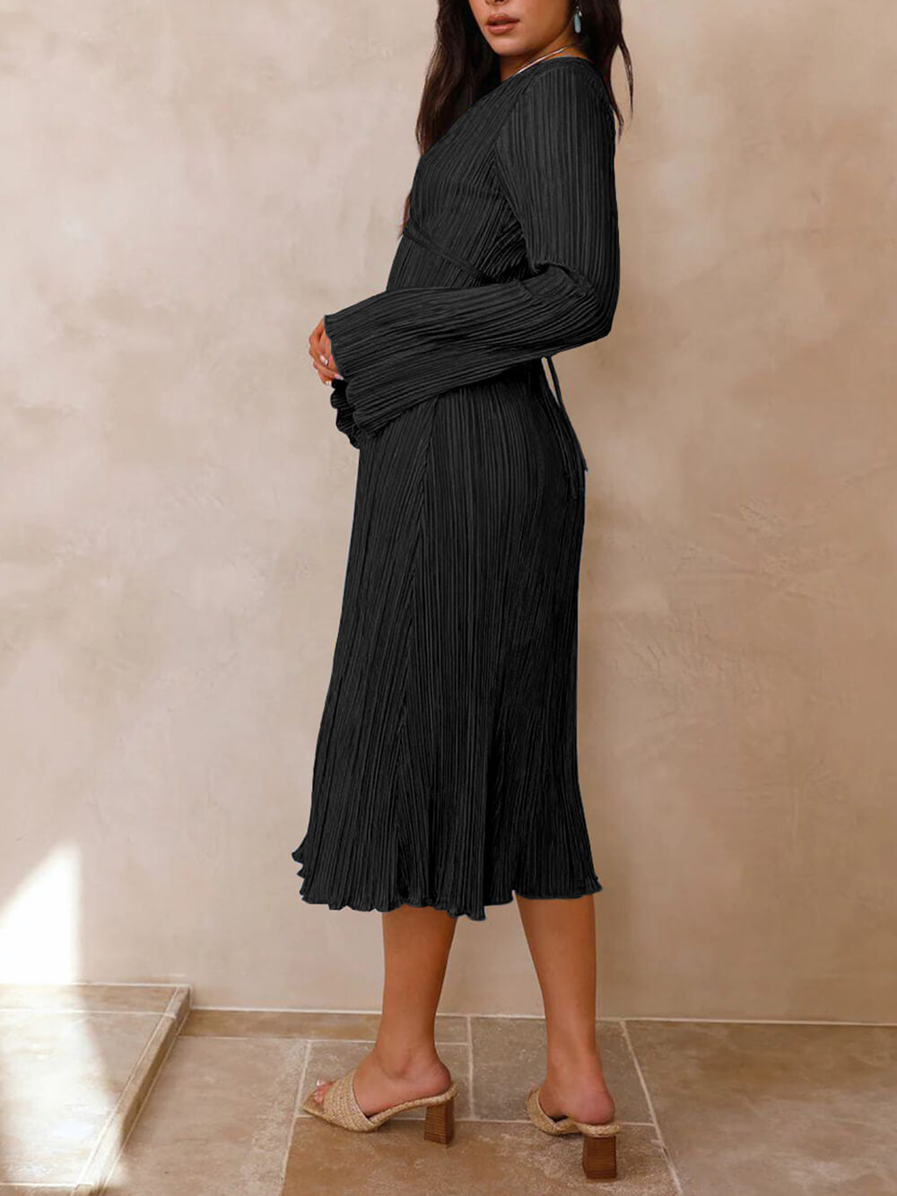 Mountain Vistas Draped Pleated Bell-Sleeve Midi Dress-Massicos