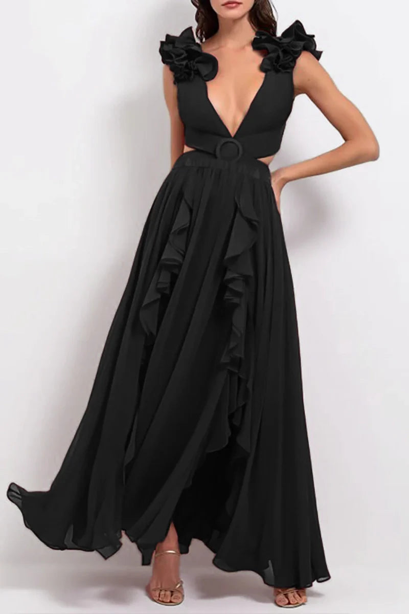3D Floral Shoulder Detail Hollow Black Set-ROVOLE