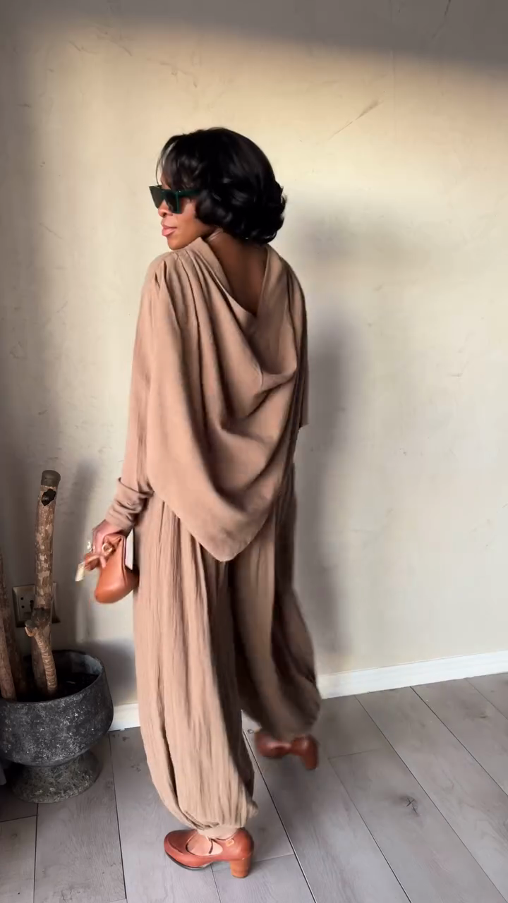 Taupe Off - the - Shoulder Top and Baggy Pants Set-Massicos