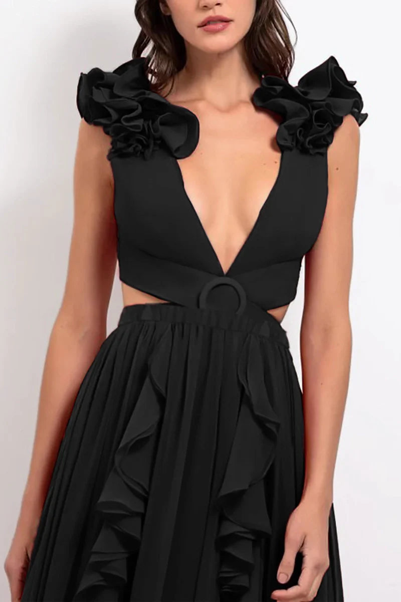3D Floral Shoulder Detail Hollow Black Set-ROVOLE