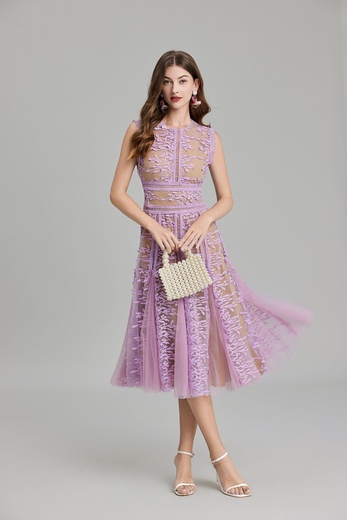 Maëlle Round Neck Mesh Embroidered Midi Dress In Beige-ROVOLE