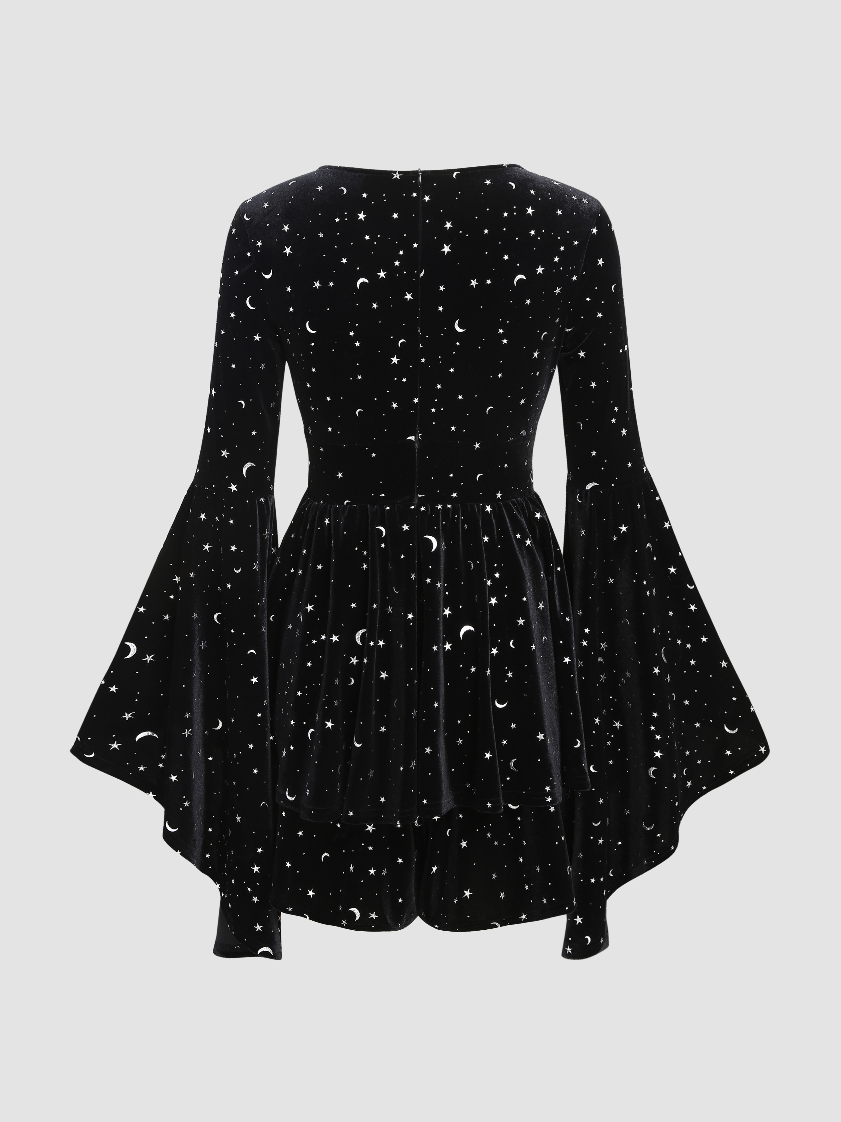 Velvet V-neck Star & Moon Pattern Bell Sleeve Romper