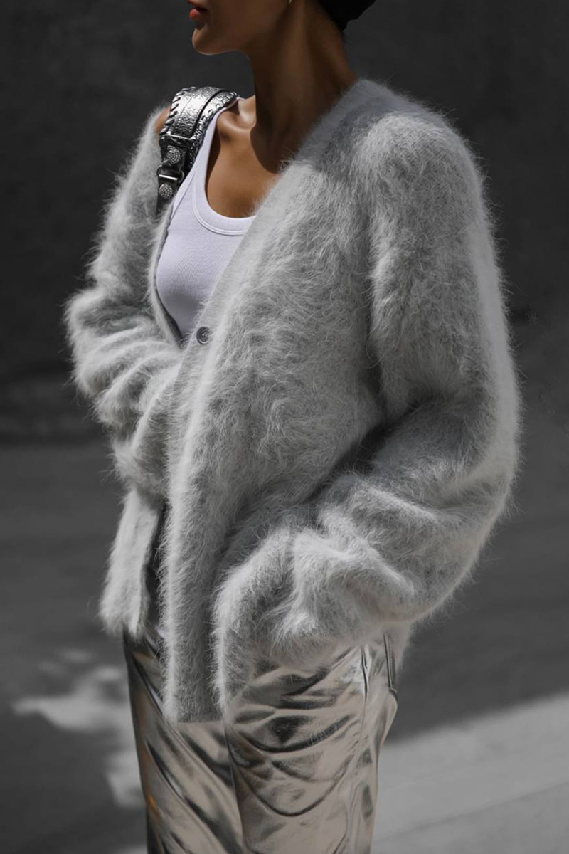 Celebrities Elegant Solid Buttons V Neck Outerwear-ROVOLE