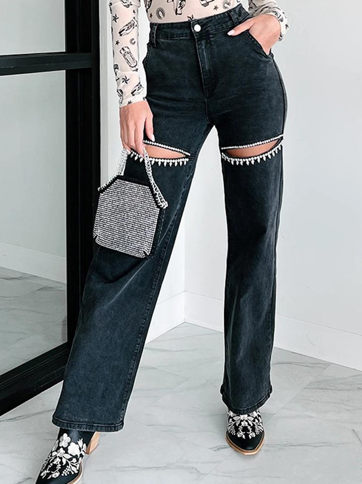 Rhinestone Detailed Distressed Straight Jeans-Massicos