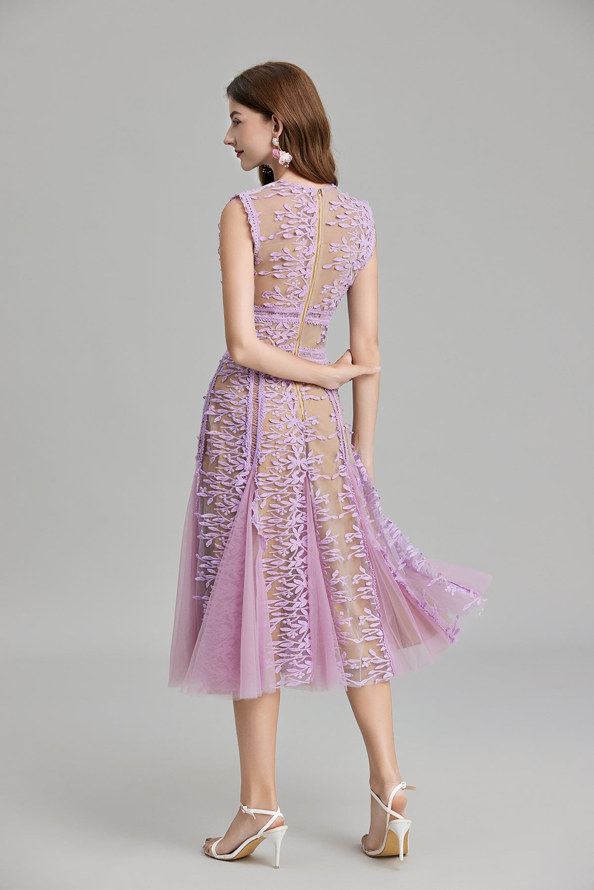 Maëlle Round Neck Mesh Embroidered Midi Dress In Beige-ROVOLE