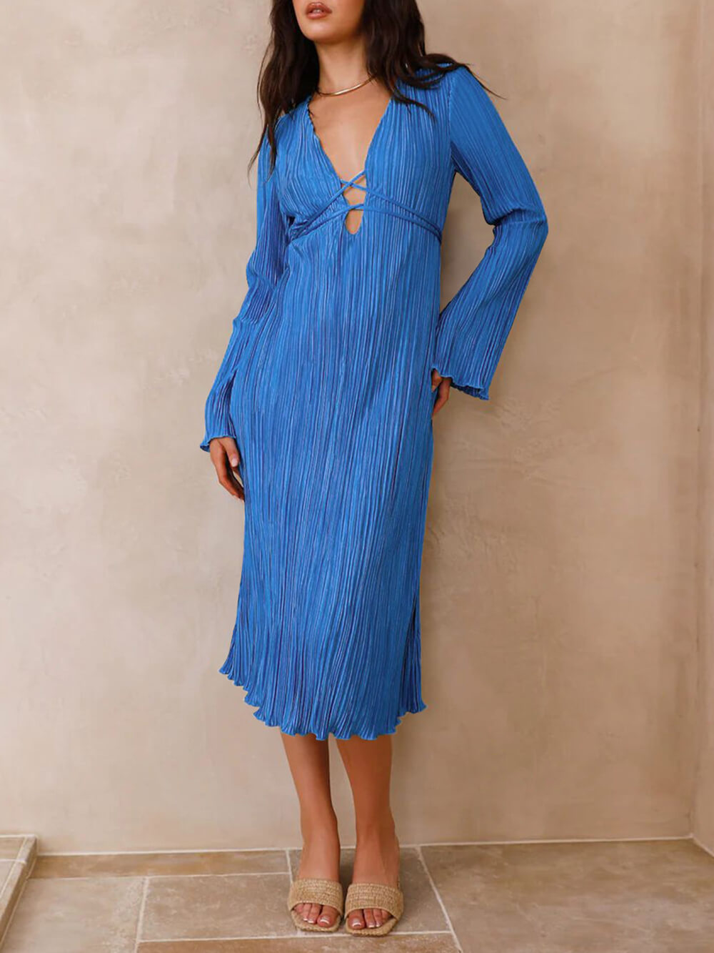 Mountain Vistas Draped Pleated Bell-Sleeve Midi Dress-Massicos