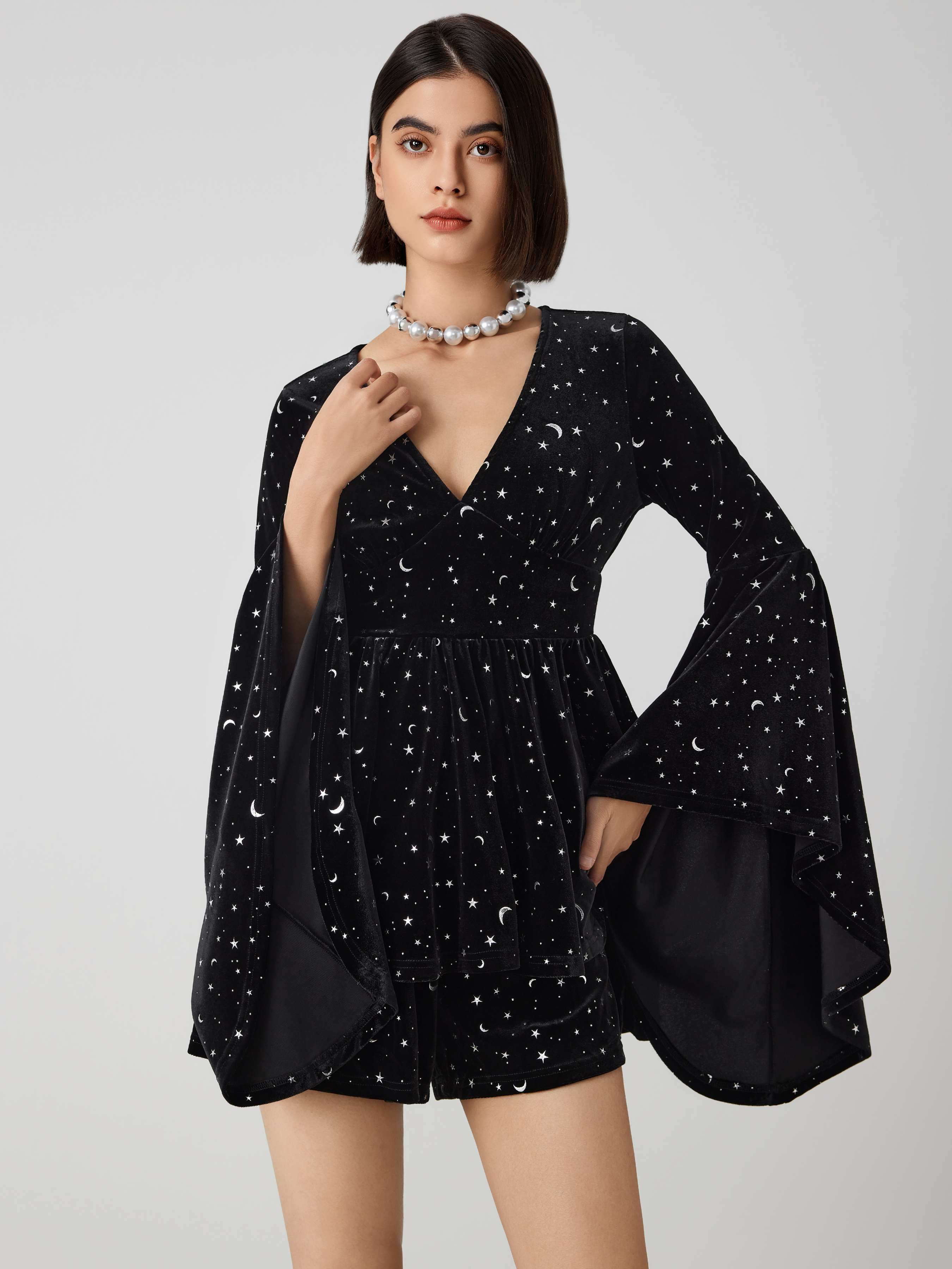 Velvet V-neck Star & Moon Pattern Bell Sleeve Romper