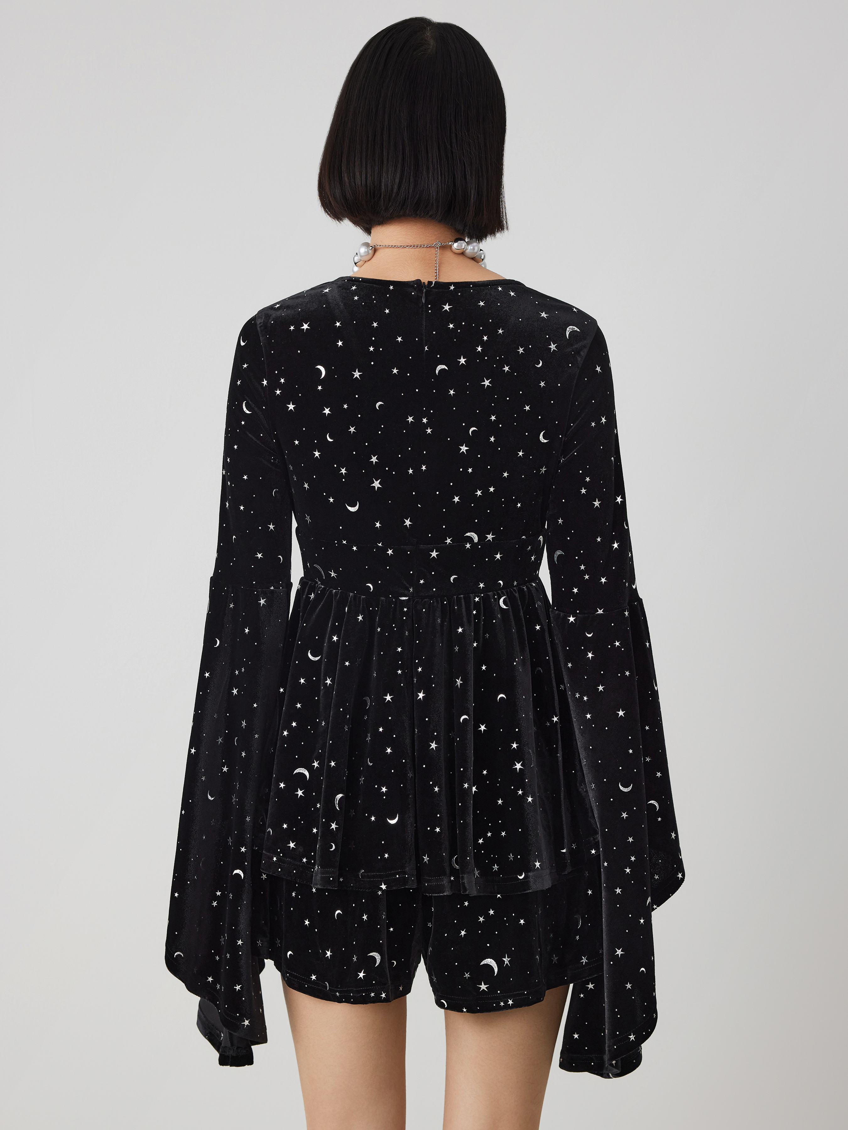 Velvet V-neck Star & Moon Pattern Bell Sleeve Romper