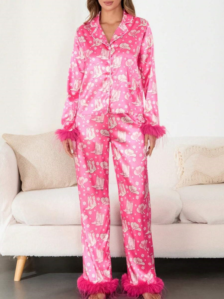 Boot & Feather Print Satin Pajama Set-Massicos