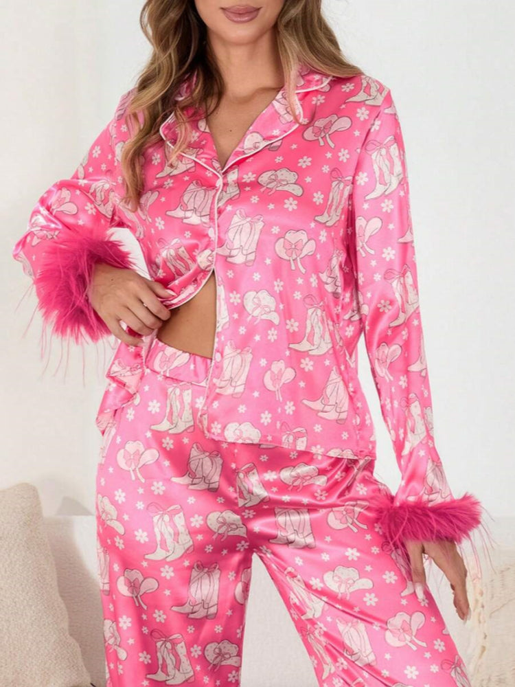 Boot & Feather Print Satin Pajama Set-Massicos