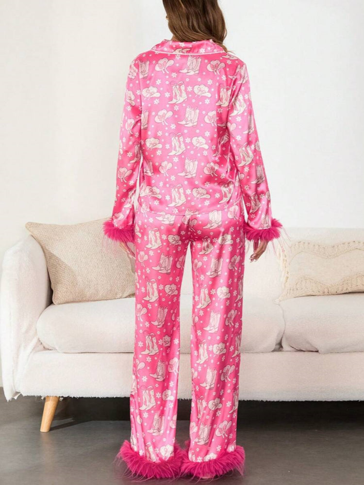 Boot & Feather Print Satin Pajama Set-Massicos