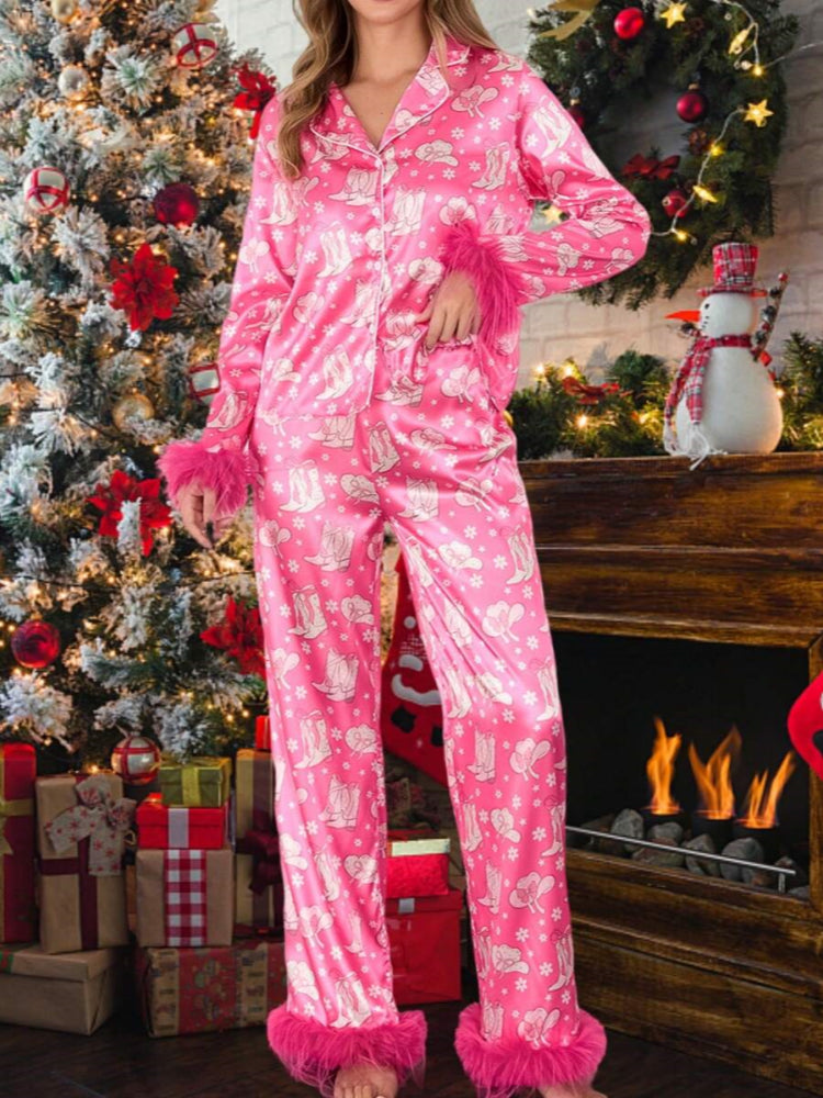 Boot & Feather Print Satin Pajama Set-Massicos