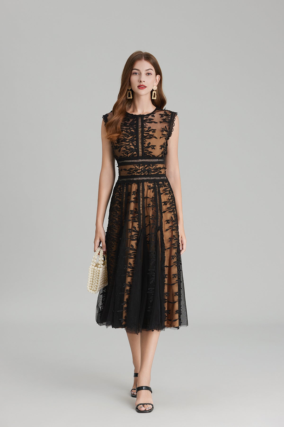 Maëlle Round Neck Mesh Embroidered Midi Dress In Beige-ROVOLE
