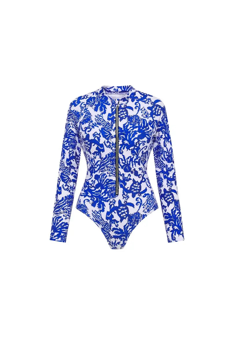 Blue Printed Zip Up Long Sleeve Surf Swimsuit-ROVOLE