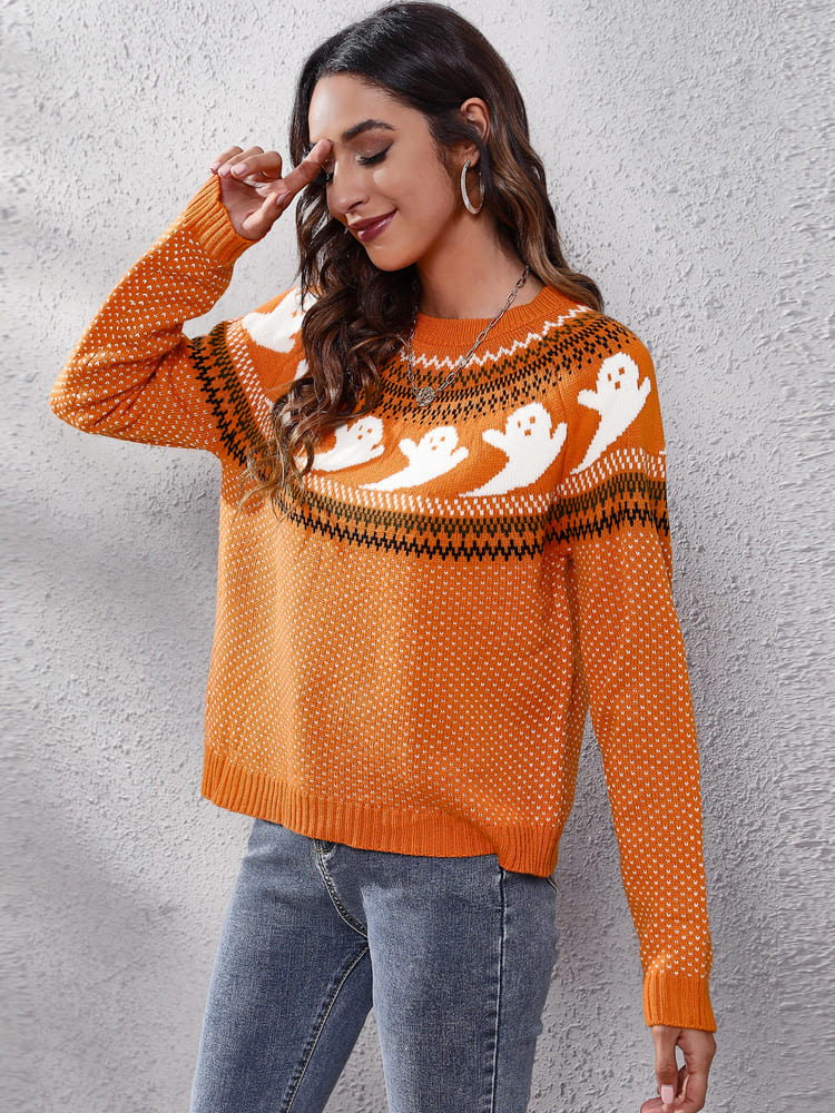 Literary Retro Ghost Pattern  Round Neck Knitted Sweater-ROVOLE