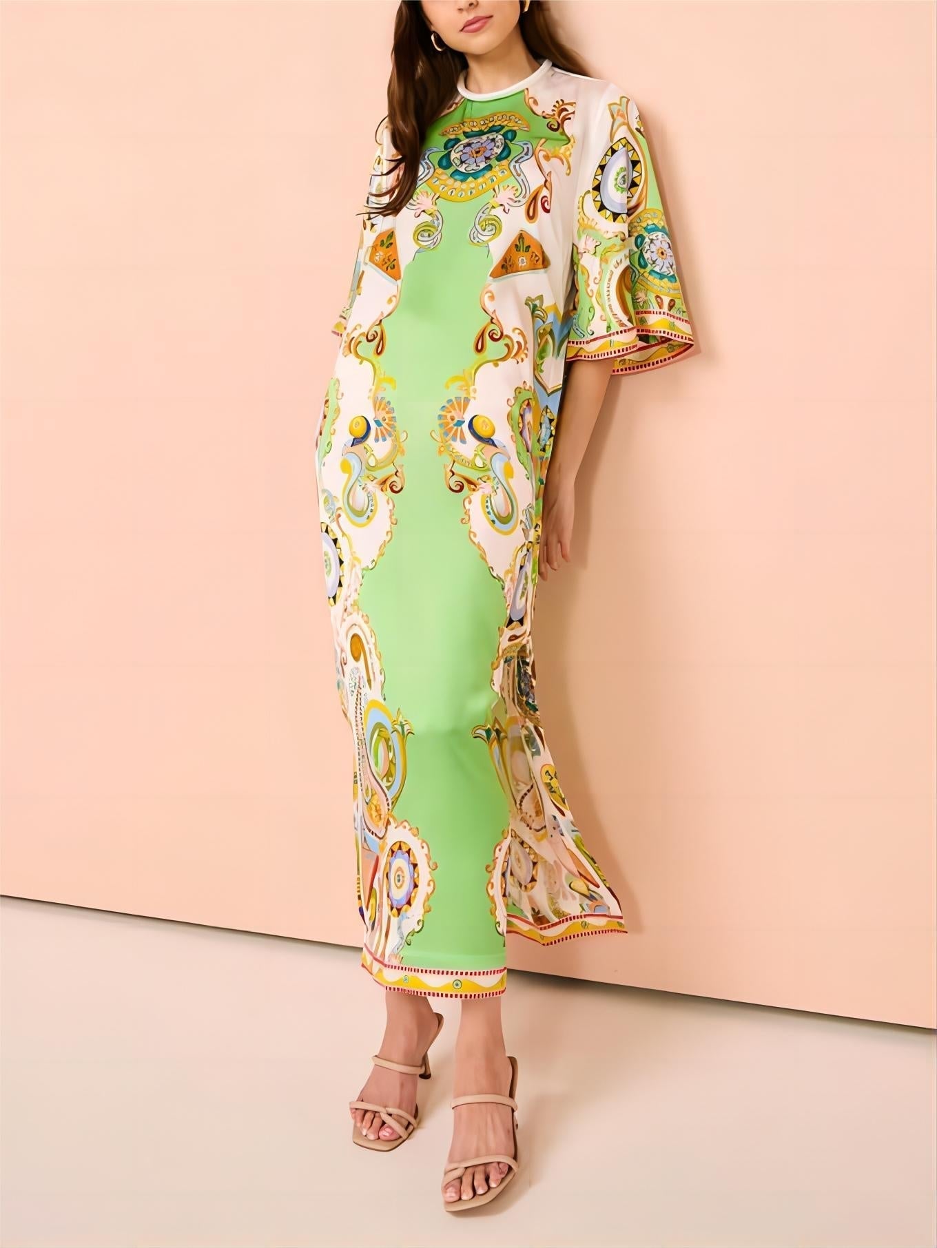 Unique Cashew Floral Print Loose Midi Dress-Massicos