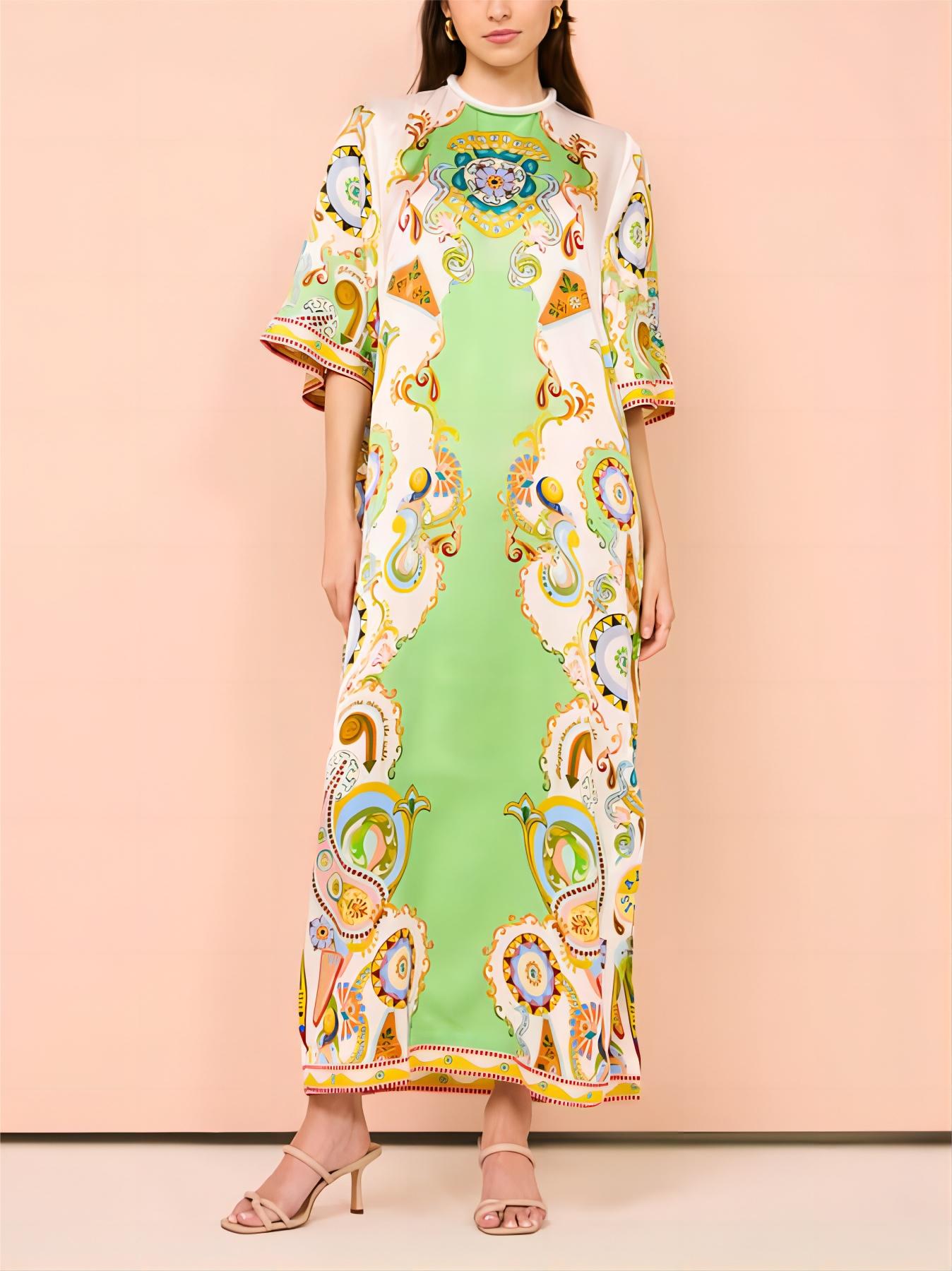 Unique Cashew Floral Print Loose Midi Dress-Massicos