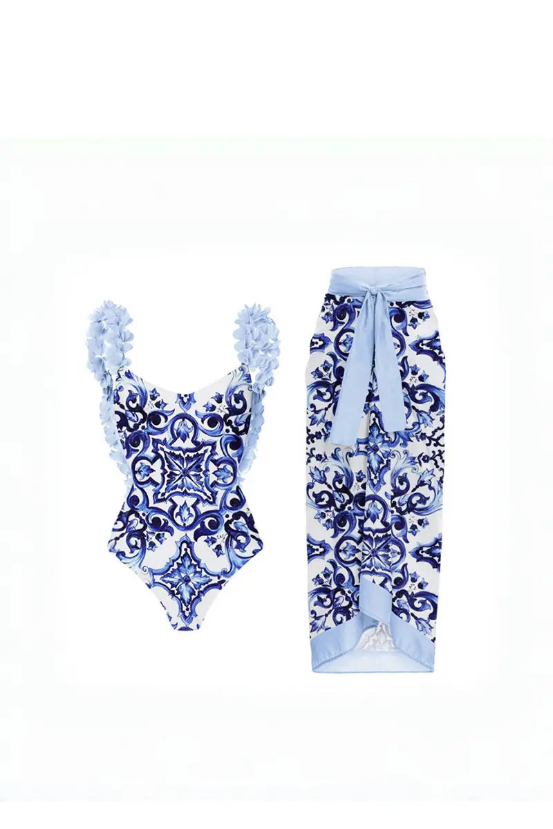 Blue One-Piece Bikini with Handmade Appliqué-ROVOLE