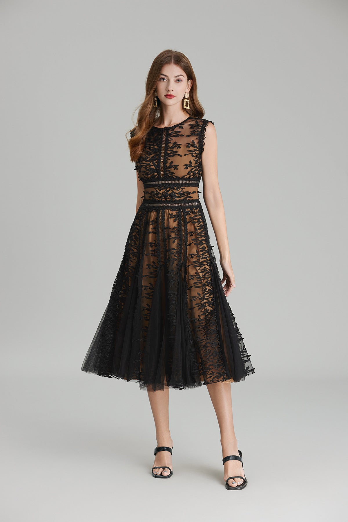Maëlle Round Neck Mesh Embroidered Midi Dress In Beige-ROVOLE