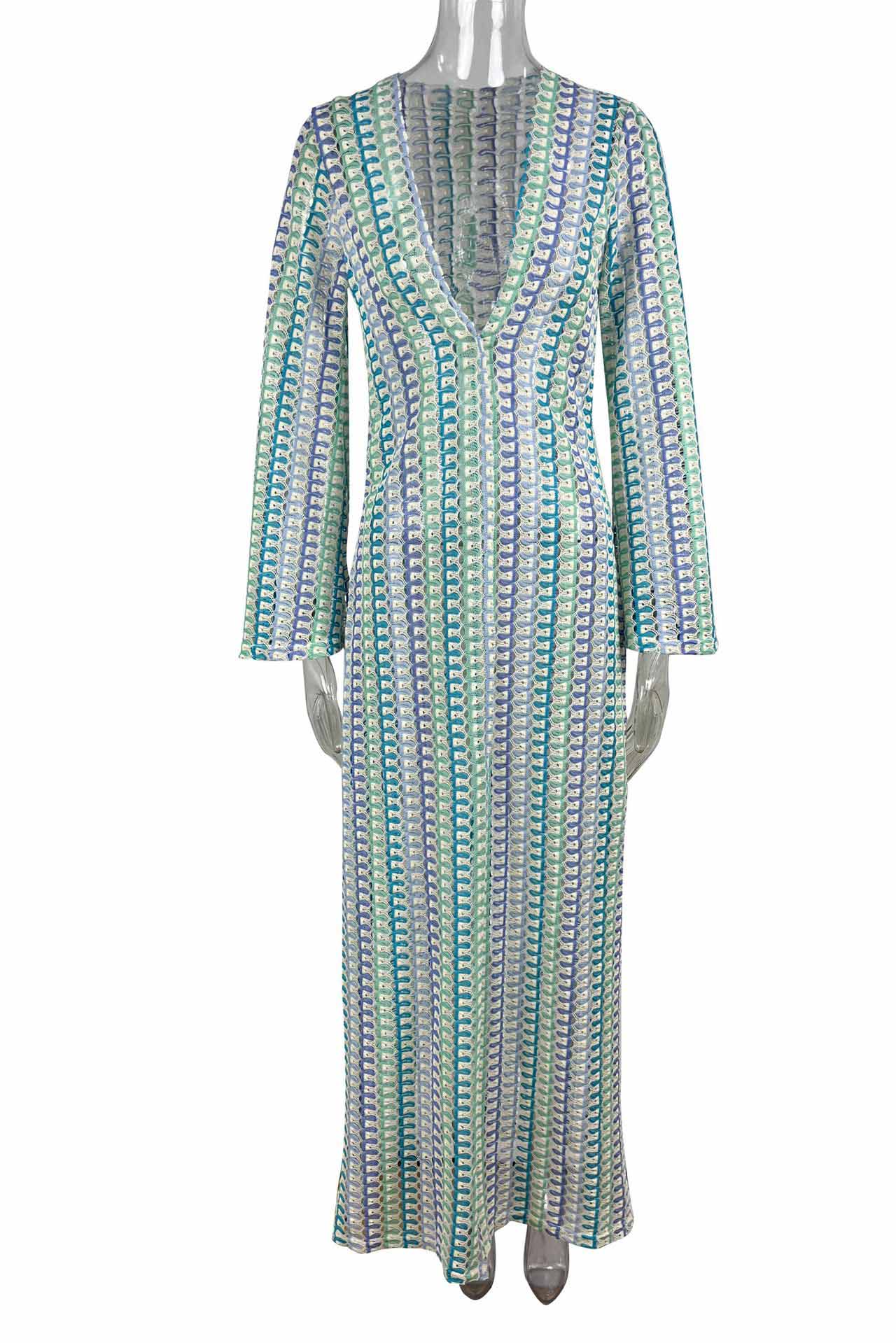 Boho V Neck Bell Sleeve Wavy Striped Crochet Beach Vacation Maxi Dress-ROVOLE