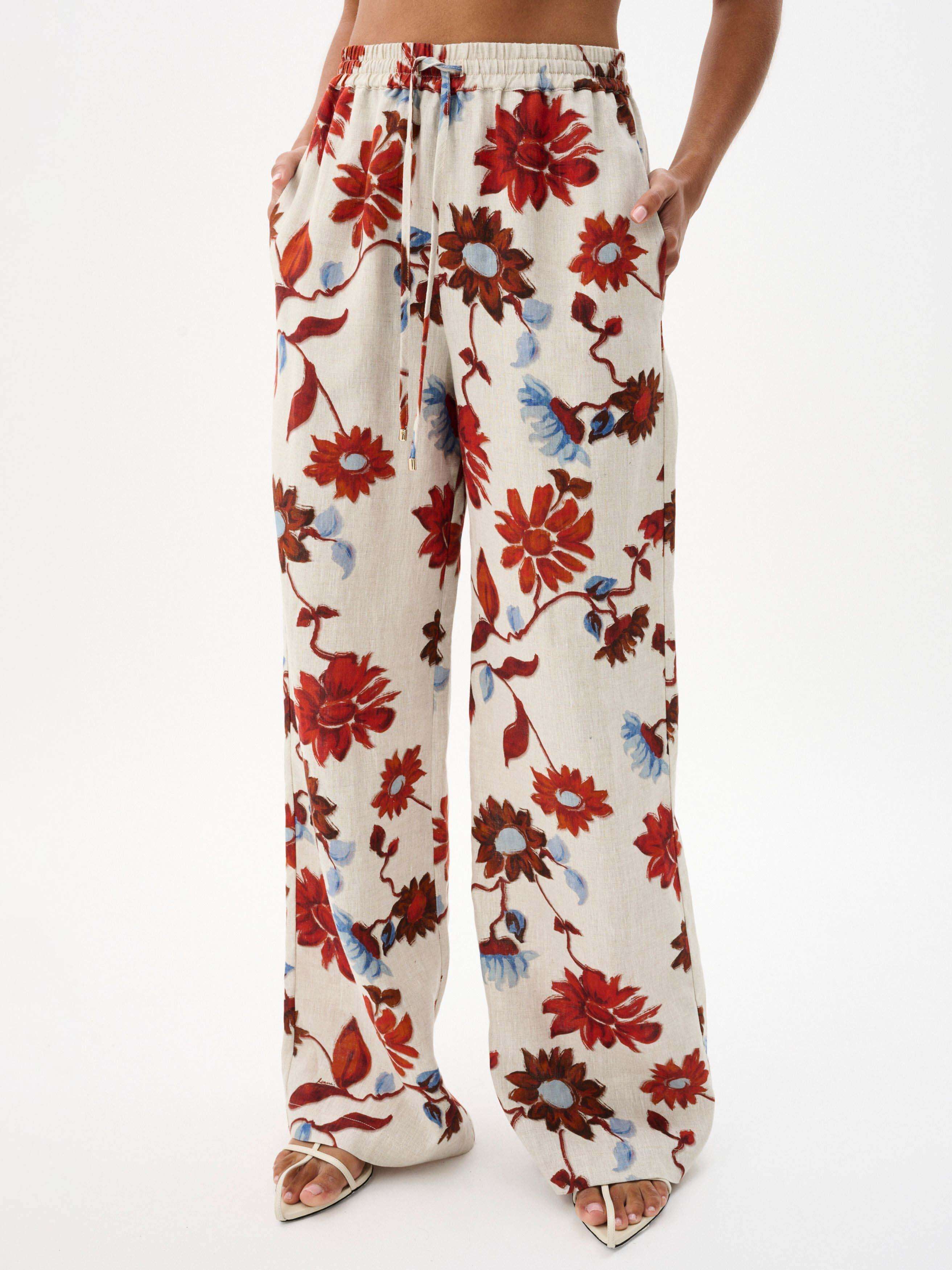 Exquisite Floral Print Lace-Up Wide-Leg Pants-Massicos