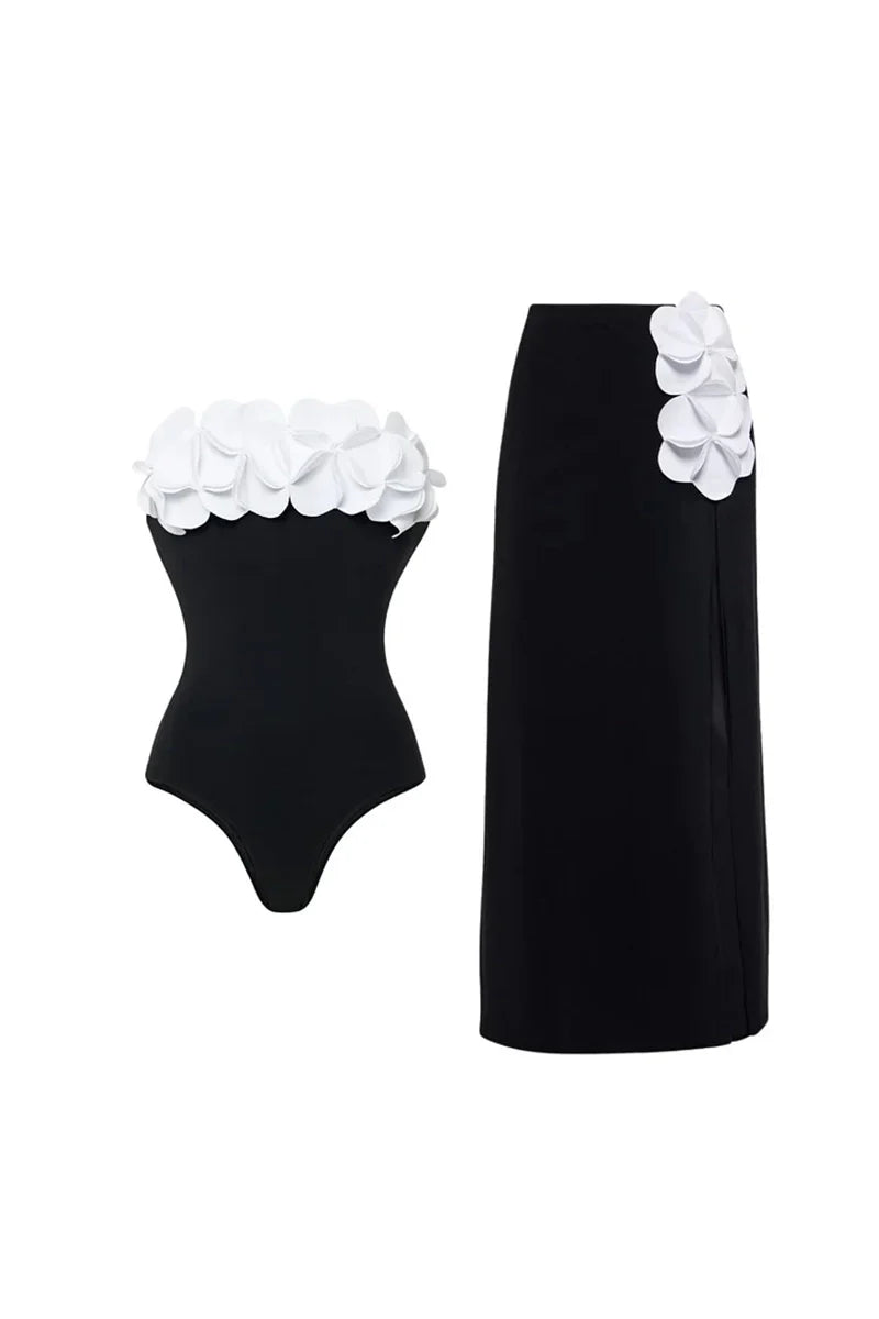 3D Floral Strapless Black Swimsuit-ROVOLE