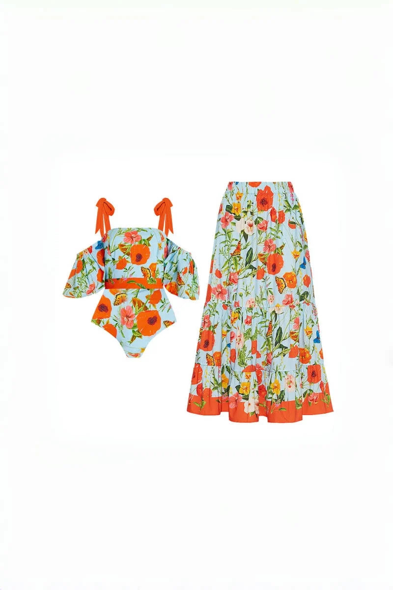 Floral Puff Sleeve Bandeau One-Piece Swimsuit-ROVOLE