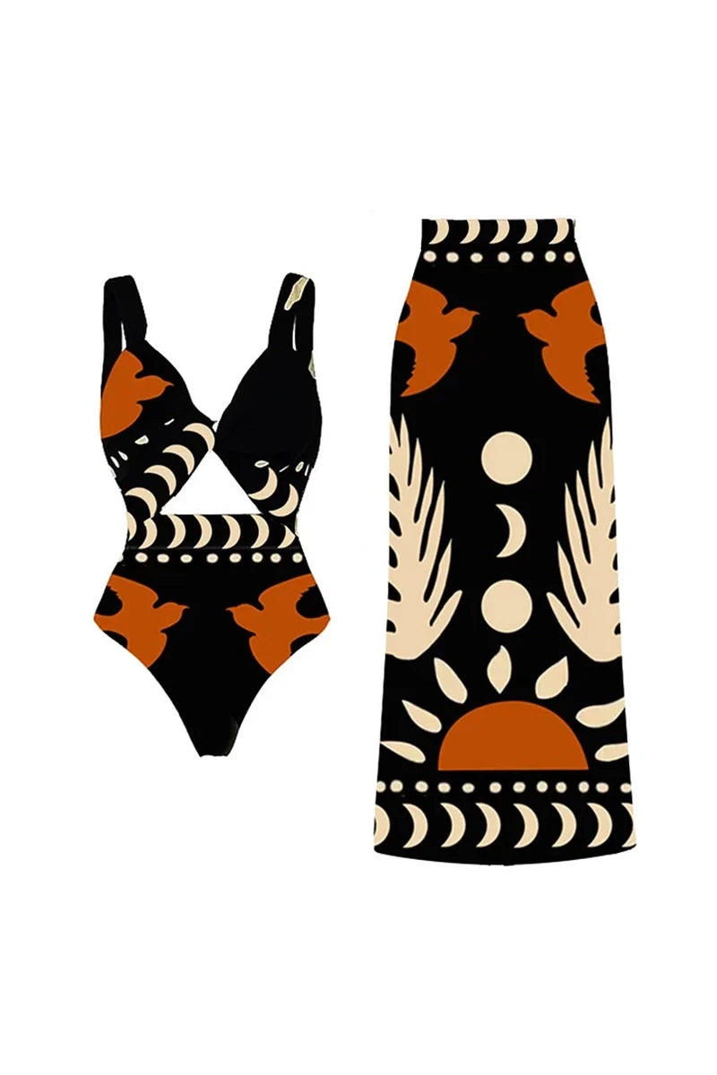 Graphic Print High-Waist Swimsuit-ROVOLE