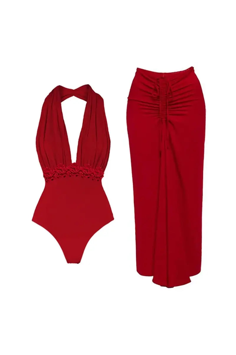 Deep V Halter Solid One Piece Swimsuit Set-ROVOLE