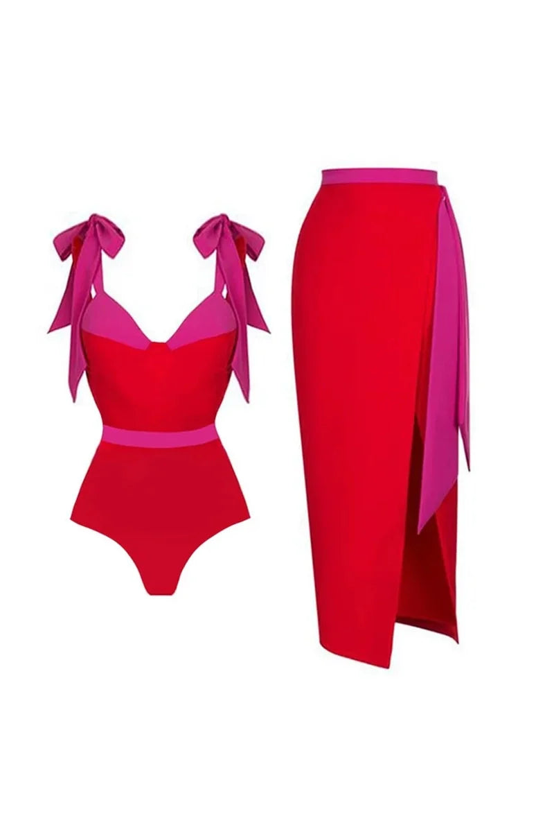 Colorblock Bow Tie Bikini Swimsuit Set-ROVOLE