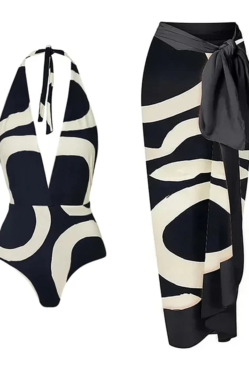 Colorblock Halter High-Waist One-Piece Swimsuit-ROVOLE