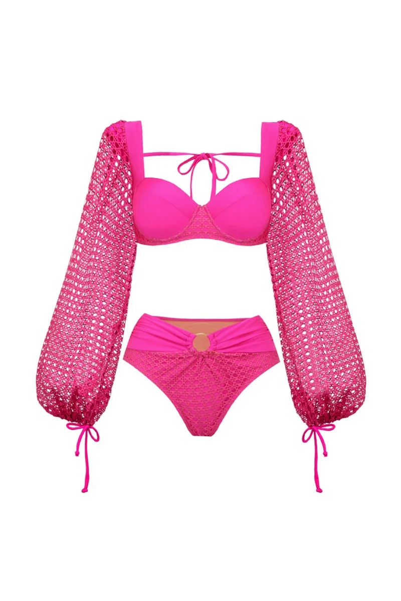 Fluorescent Pink Backless Swimsuit Set-ROVOLE