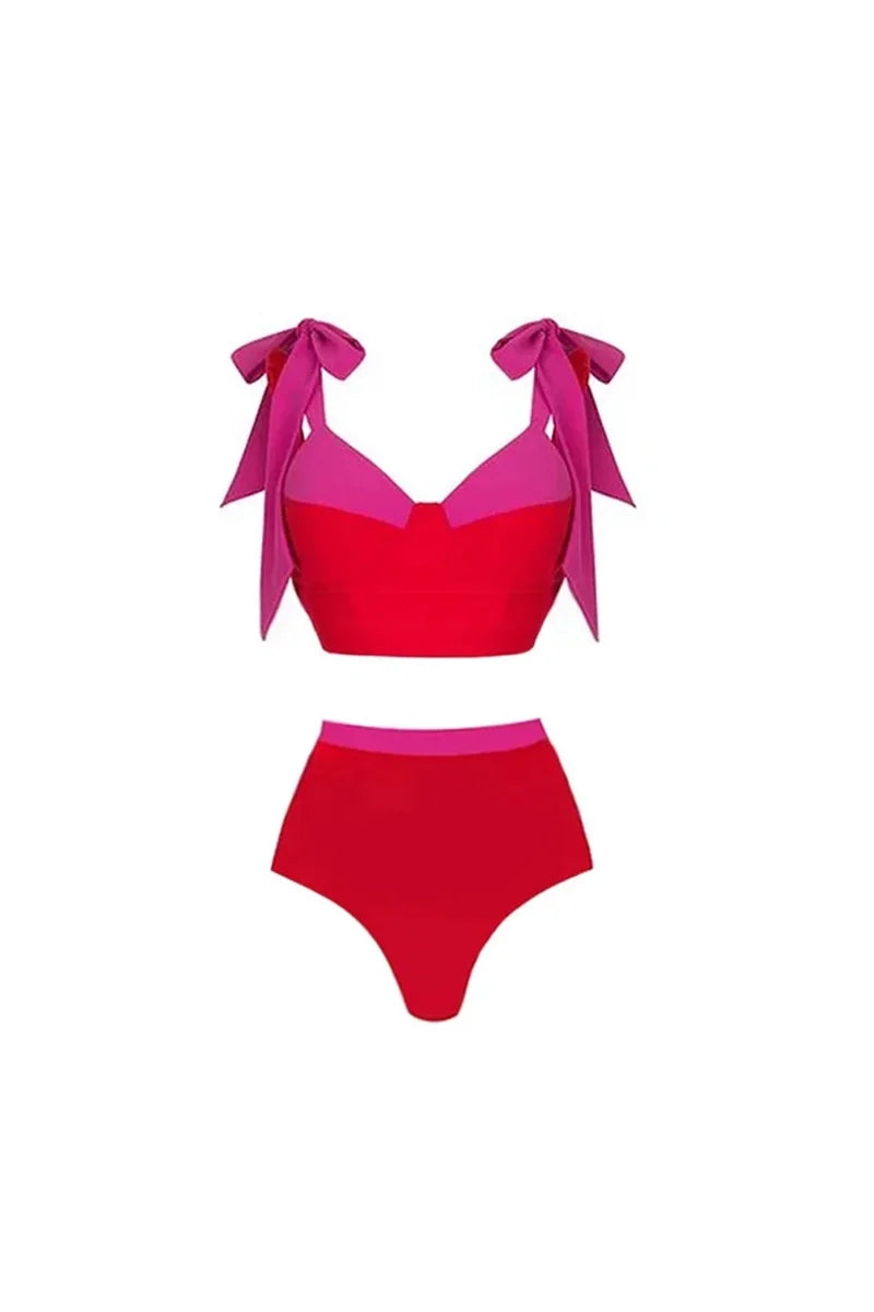 Colorblock Bow Tie Bikini Swimsuit Set-ROVOLE