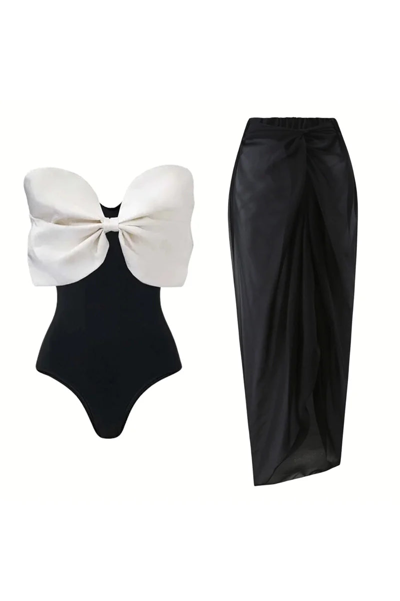 Black and White Bow One Piece Swimsuit Set-ROVOLE