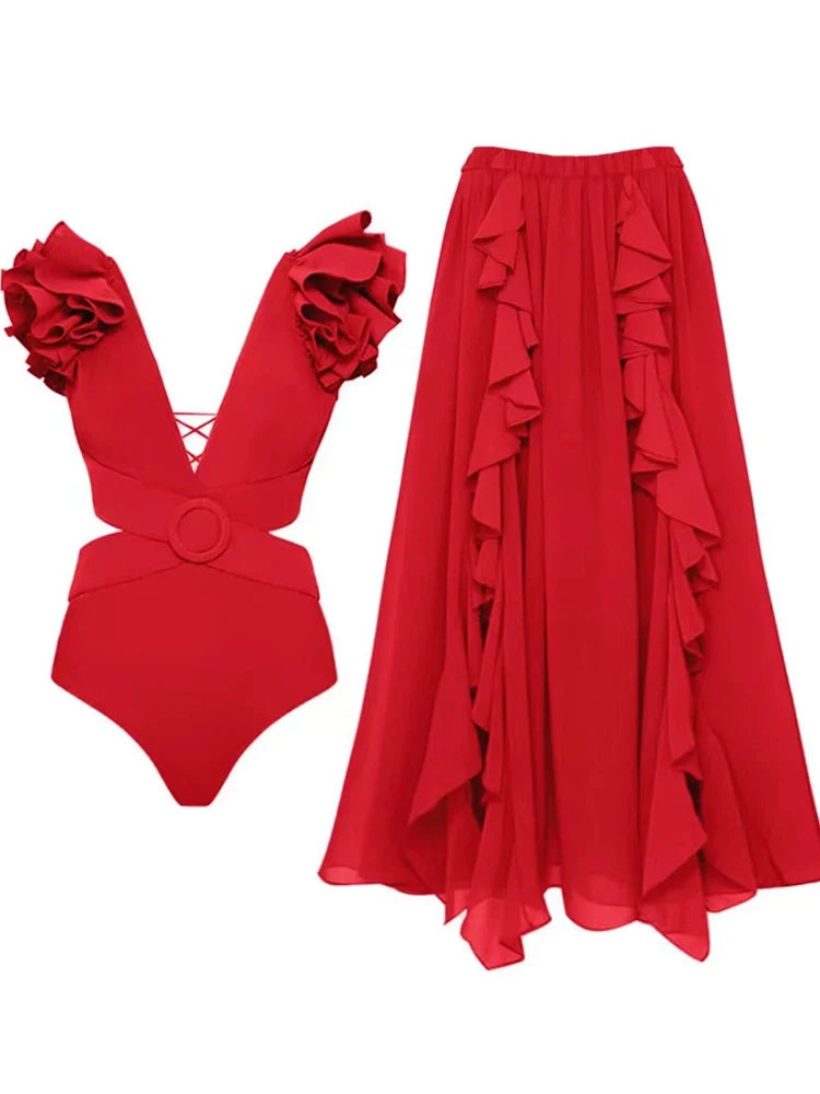 3D Floral Shoulder Embellished Cutout Swimsuit-ROVOLE