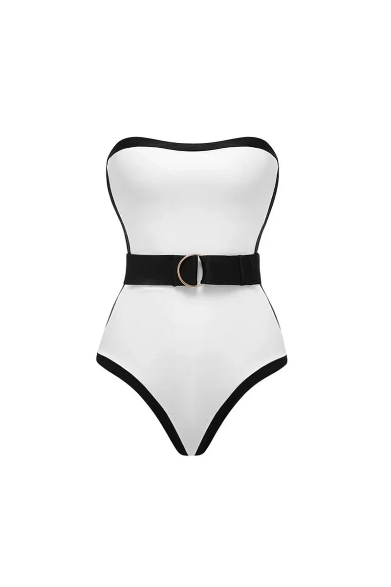 Black White Contrast Luxe Resort Swimsuit-ROVOLE
